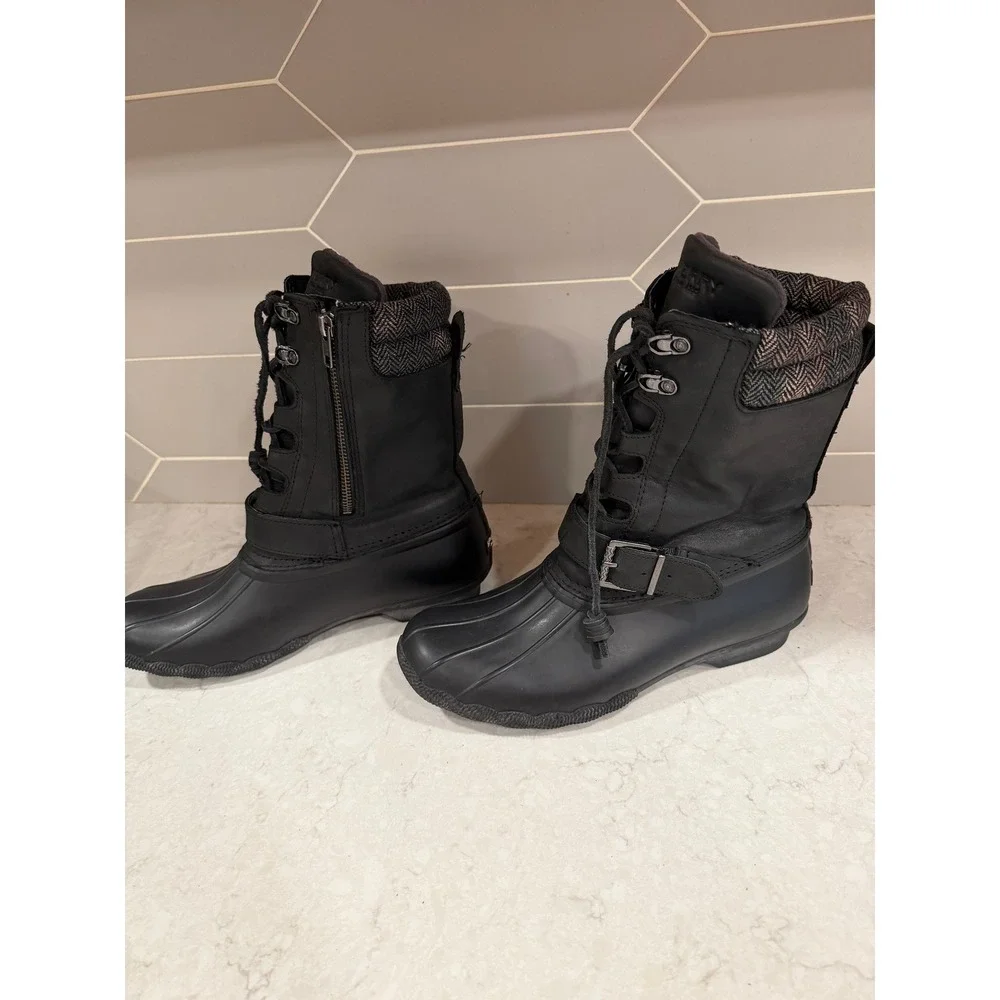 Sperry Top-Sider Saltwater Black Leather Tweed Duck Boots STS95910 Womens 9 M